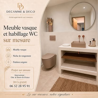 Meuble vasque et habillage de WC sur mesure en béton ciré avec niche de rangement, réalisés à Beauvais